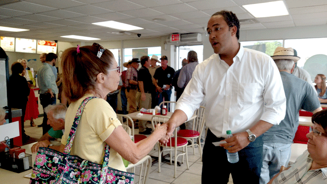 Alpine resident Gail Shugart met Rep. Will Hurd on the congressman's Alpine stop of his West Texas Dairy Queen tour. (Rebecca Hagerman, photo)